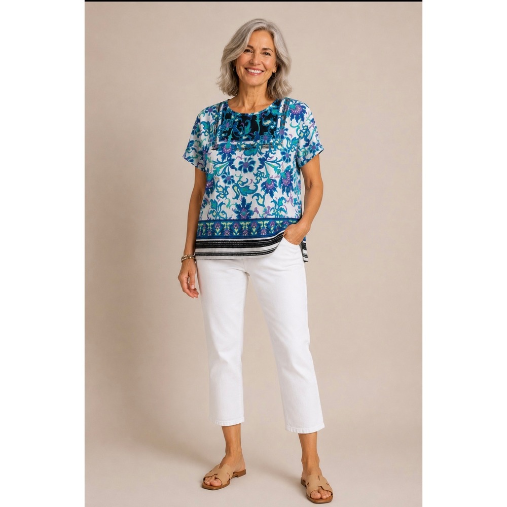 Chicos Womens Blue Floral Paisley Border Print Short Sleeve Blouse Size 1 M - Picture 1 of 7
